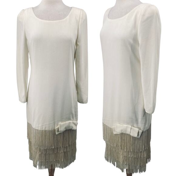 Vintage 80s Fringe Trim Dress Drop Waist Bow Detail Long Sleeves Ivory Womens 10 - Picture 1 of 12